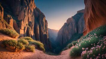 Scenic Canyon Landscape with Wildflowers at Sunrise photo
