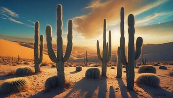 Cactus in Desert Landscape with Blue Sky and Sunset photo