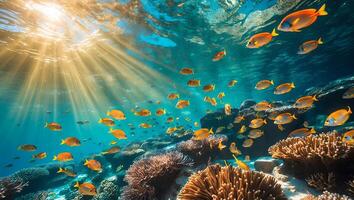 Many Fish Swim Underwater with Coral Reefs and Light Rays photo