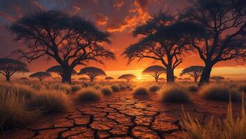 A desert landscape with trees and dry grass photo