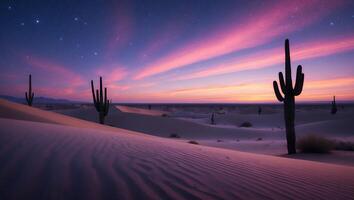 A desert scene with cactus trees and a purple sky photo