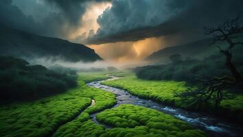 Landscape with River Lightning and Stormy Sky photo