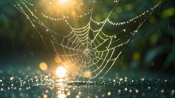 Spiderweb Covered in Dew Drops with Sunlight photo
