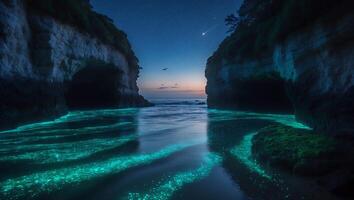 Glowing Water Between Cliffs at Night Landscape photo