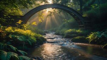 Bridge Over Creek in Forest with Sun Rays photo