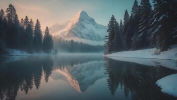 Snowy Mountain Reflection in Lake with Evergreen Trees photo