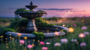 Stone Fountain in Field with Flower at Twilight photo