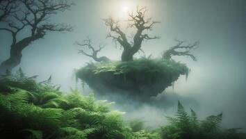 Fantasy Landscape with Floating Island Ferns and Trees photo