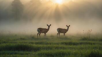 Two Deer Standing in Foggy Field at Sunrise photo