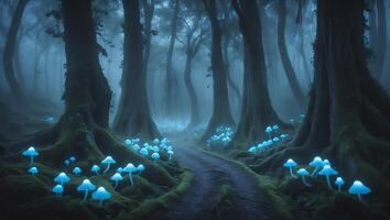 Blue Mushroom in Misty Forest with Path photo