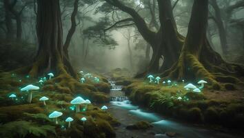 Glowing Mushroom in Forest with Stream photo