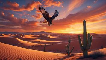 Eagle Flies Over Desert Landscape at Sunset photo
