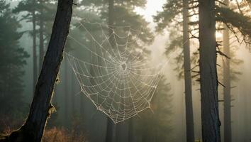 Spiderweb in a Forest Setting with Trees and Fog photo