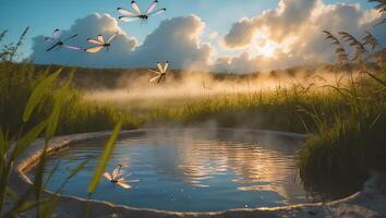 Dragonflies Flying Over Pond in Foggy Meadow Scene photo