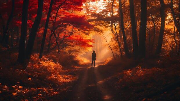 Person Walking on Path Through Autumn Forest photo