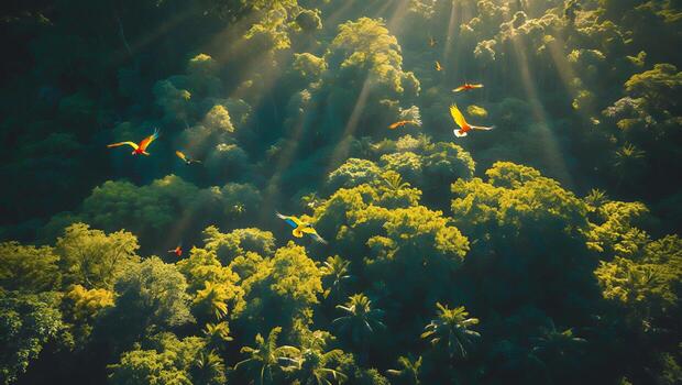 Parrots Flying Above the Jungle Canopy with Sun Rays Beaming Through photo