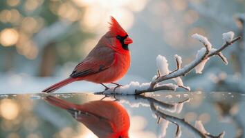 Cardinal Bird Perched on Snow Covered Branch in Winter photo