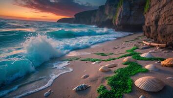 Ocean Wave on Beach at Sunset with Cliff and Seashells photo