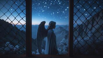 Angel Looking at Mountains and Starry Sky photo