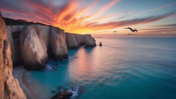 Coastline with Cliffs Under Colorful Sky at Sunset photo