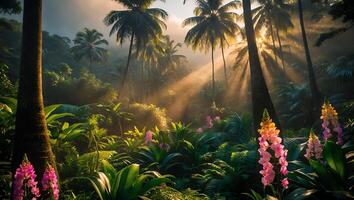 Tropical Rainforest with Palm Trees and Sun Rays photo