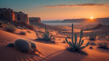 Desert landscape with cactus plants and sun setting photo