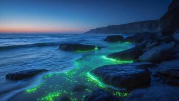 Bioluminescent Beach at Night with Glowing Water and Rocks photo
