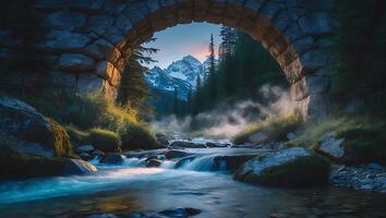 River Flows Under Stone Bridge with Mountain View and Pine Trees photo