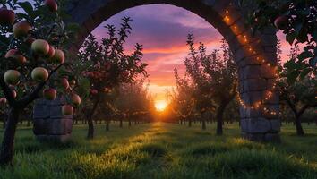 Apple Orchard Sunset Through Stone Arch with String Lights photo