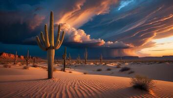 Saguaro Cactus Under Dramatic Sky in Desert Landscape photo