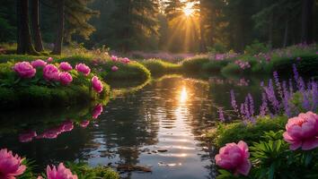 Pink Peony Flower and Sunbeam Reflect in Forest Pond photo