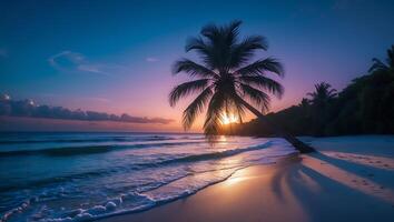 Tropical Beach with Palm Tree at Sunset photo