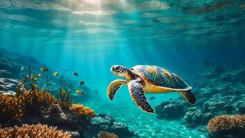 Sea Turtle Swimming Underwater with Coral and Fish photo