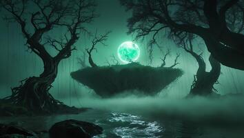 Mystical Moon Illuminates Floating Island in Swamp Scene photo