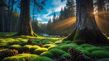 Forest Landscape with Trees Moss Sun and River photo