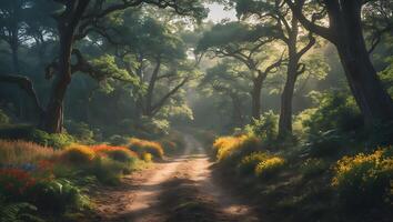 Forest Path with Flowers and Green Trees in Natural Light photo