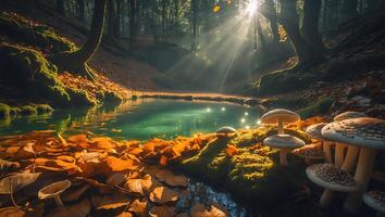Mushroom in Forest Pond with Sunlight and Autumn Leaf photo