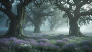 Misty Forest with Lavender Field Landscape photo