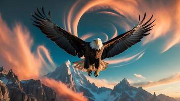Eagle Soars Over Mountain Peak Landscape with Warm Sky photo