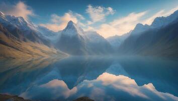 Snowy Mountains Reflected in Calm Lake Water Landscape photo
