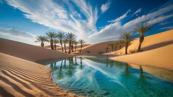 Desert Oasis with Palm Trees and Clear Water photo