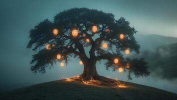 Magical Tree with Lanterns on Hill in Foggy Landscape photo