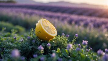 Lemon Half on Flowers with Lavender Field in Background photo
