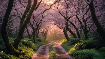 Cherry Blossom Path Through Forest in Spring photo