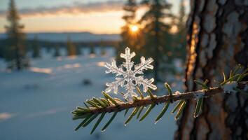 Snowflake on Pine Branch at Sunset in Winter Landscape photo