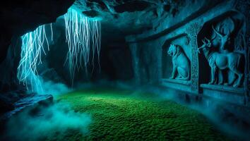 Mysterious Cave with Moss and Animal Statue photo