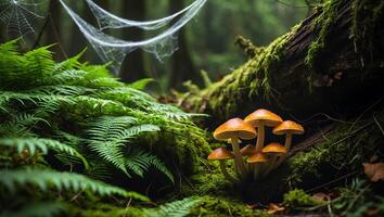 Mushrooms in a Forest with Ferns and a Spiderweb photo