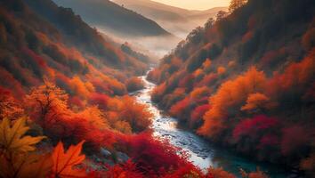 Autumn River Through Colorful Forest Mountains Landscape photo
