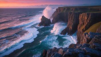 Dramatic Cliff Meets Ocean at Sunset photo
