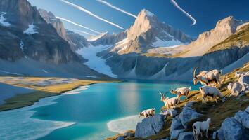 Ibex Standing by Turquoise Lake with Snowy Mountain Peaks photo